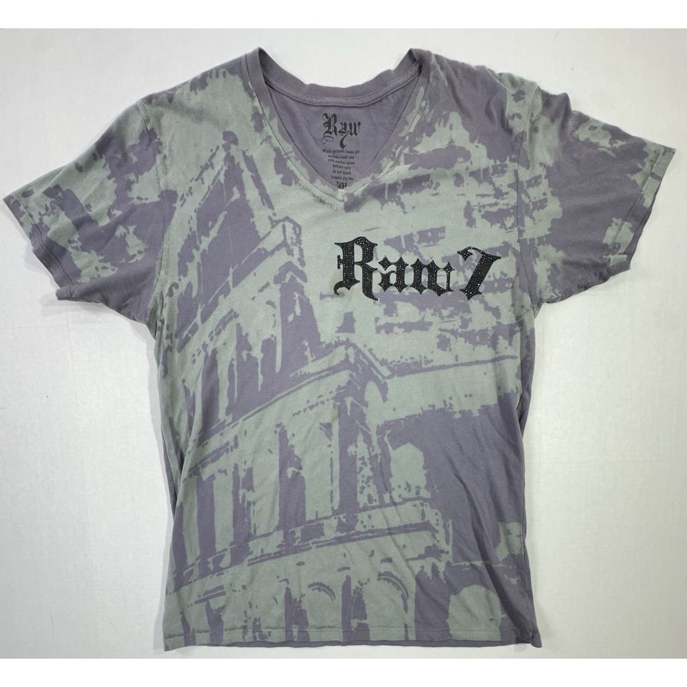 Raw 7 Graphic Rhinestone V-Neck T-Shirt Roman Helmet Design Purple Gray M